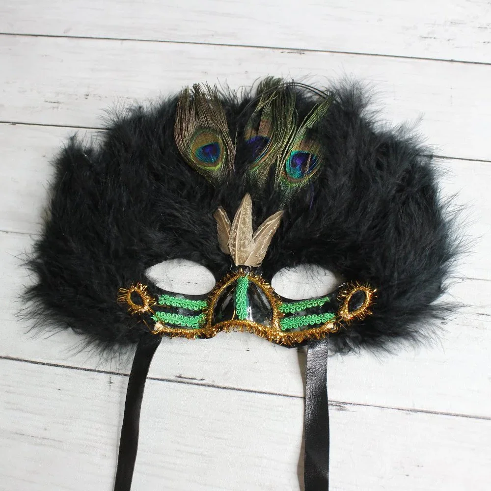 Masquerade Face Mask Peacock Feather Plumes Venetian Mardi Gras Costume